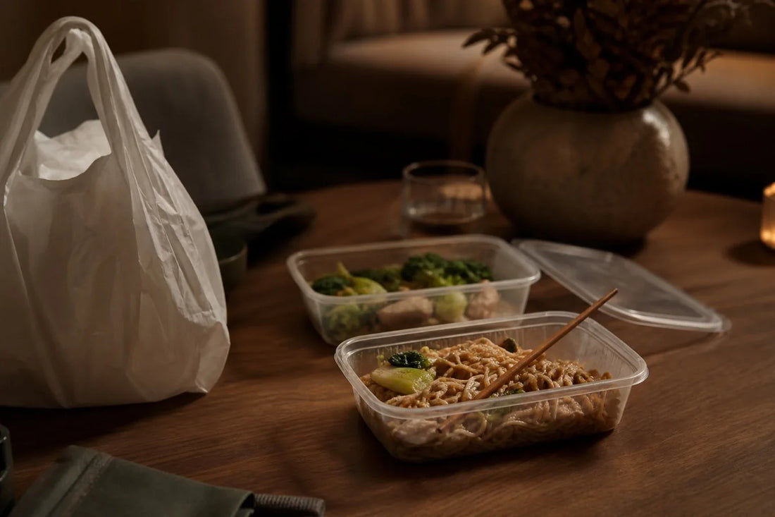 Takeout food in plastic packaging